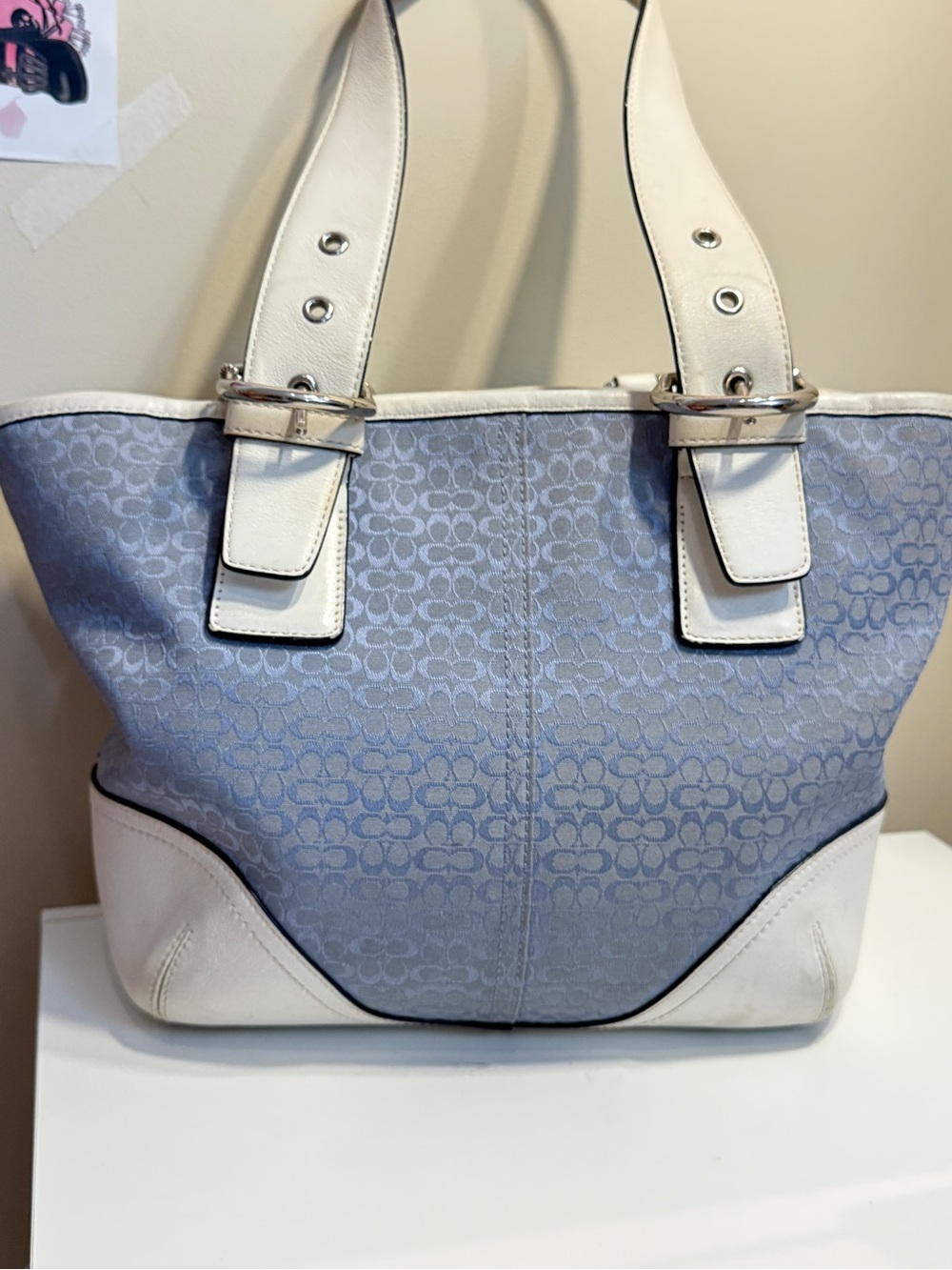 Coach Blue Signature Canvas Tote with White Leather Trim